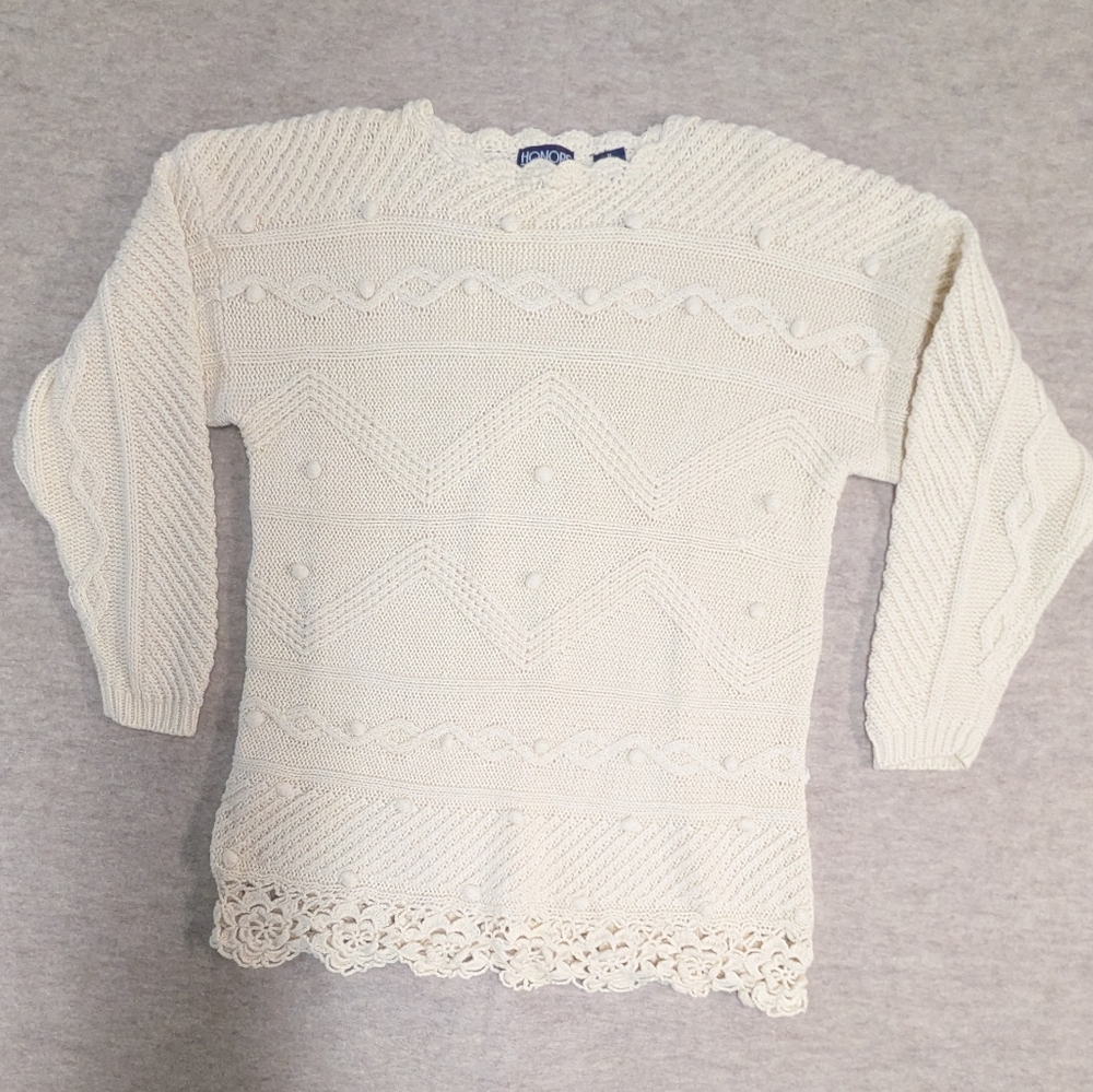 Vintage Crochet Knit Cream Sweater Unique Doily Cotton Honors Oversized Medium